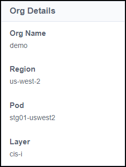 Organization details with the organization name, region, pod, and layer.